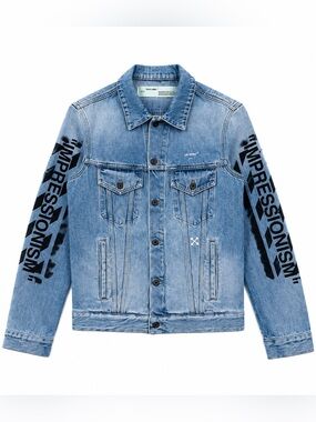 Off-White Light Blue Denim Jacket with Black Sleeve Text